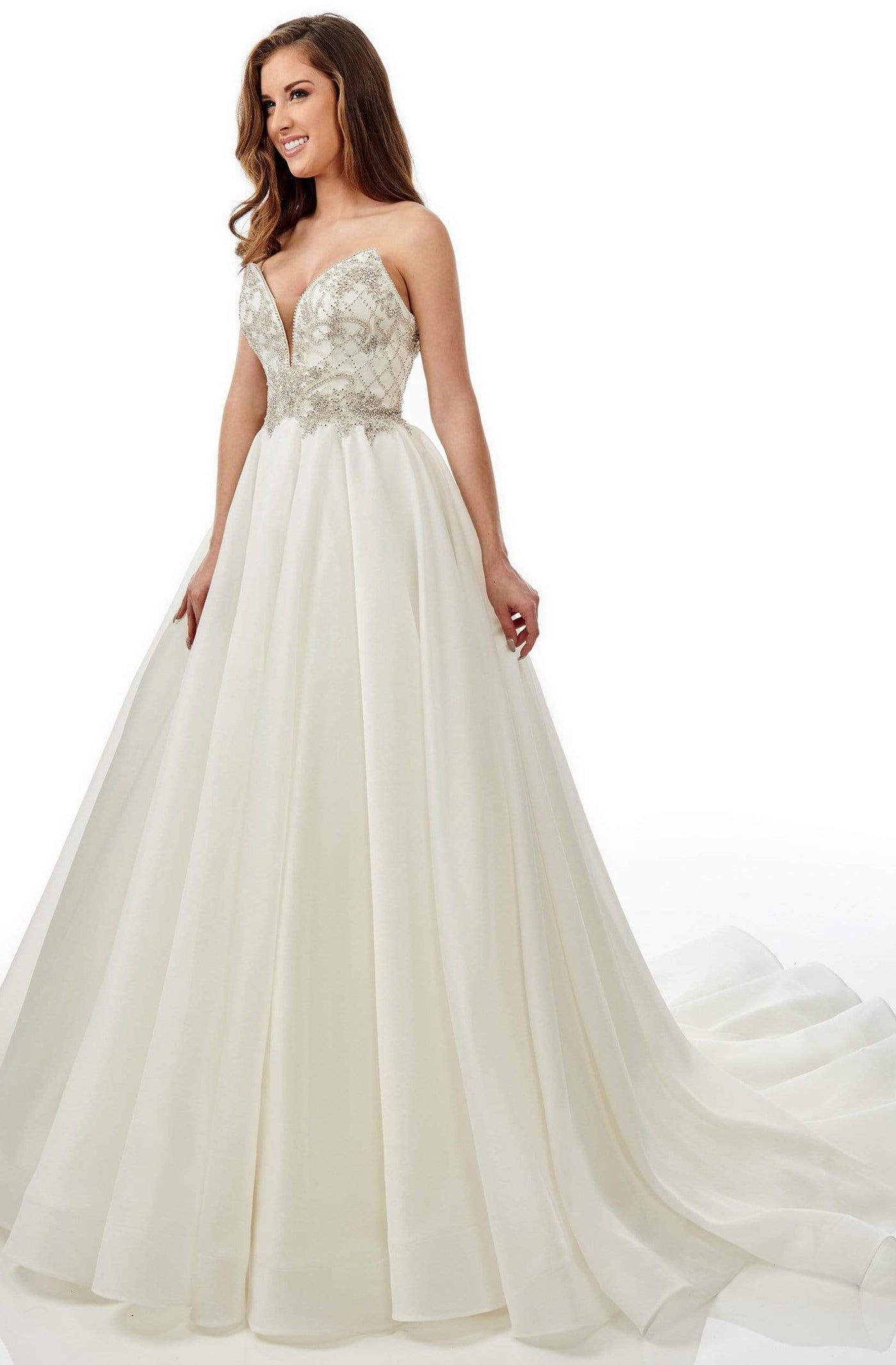 Lo'Adoro Bridal By Rachel Allan - M762 Embellished V-Neck Ballgown Wedding Dresses 0 / White Silver