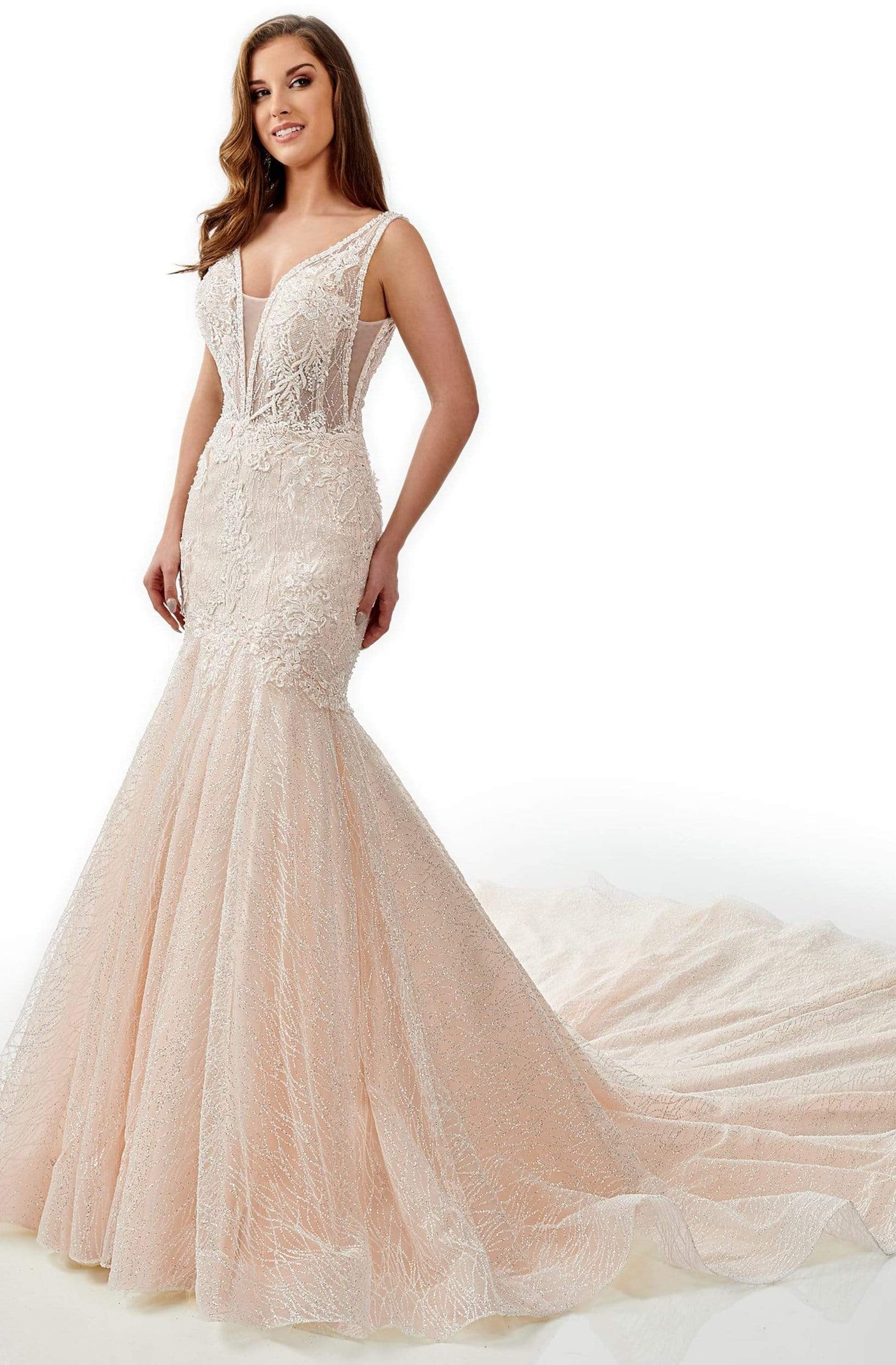 Lo'Adoro Bridal By Rachel Allan - M770 Sheer Deep V Neck Mermaid Gown Wedding Dresses 0 / Ivory Blush
