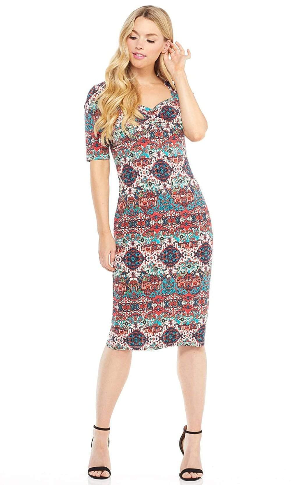 London Times - T3504M Multi Print Elbow Sleeve Sweetheart Jersey Dress Cocktail Dresses