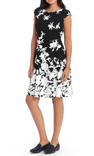 London Times T4927M - Printed Cap Sleeve Cocktail Dress Special Occasion Dress 0 / Black White