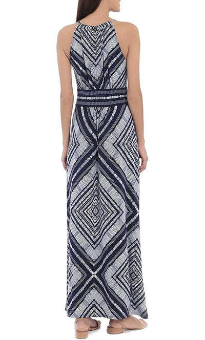 London Times T5766M - Keyhole Front Print Long Dress Formal Dance 10 / White Navy