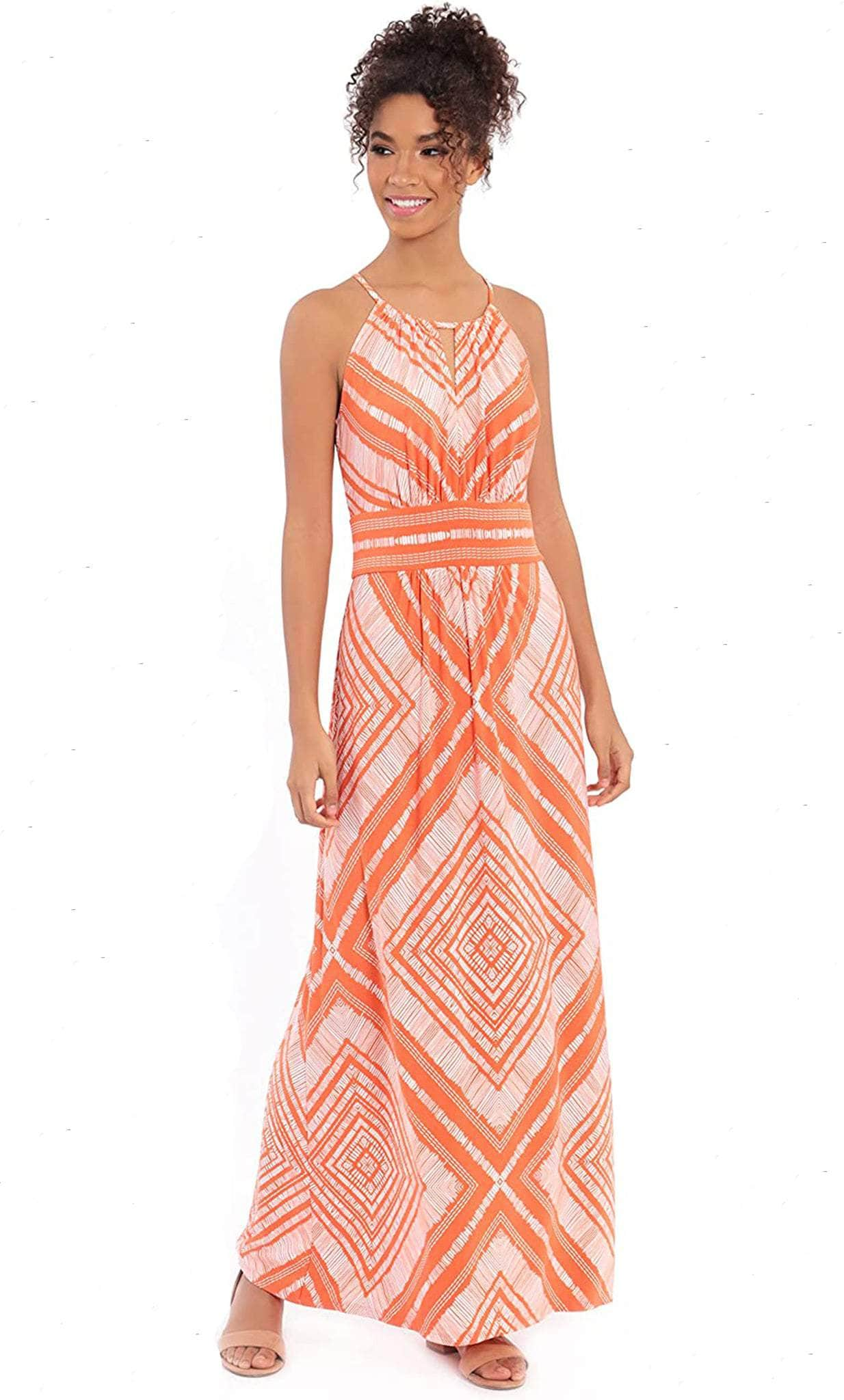 London Times T5766M - Keyhole Front Print Long Dress Formal Dance 10 / White Orange