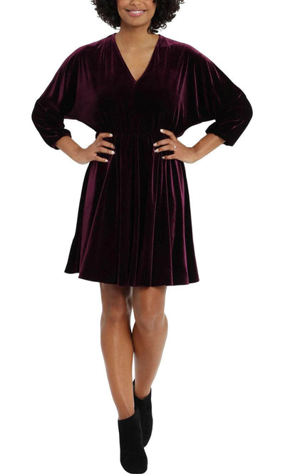 London Times T5911M - Long Sleeve Velvet Short Dress Graduation Dresses L / Aubergine