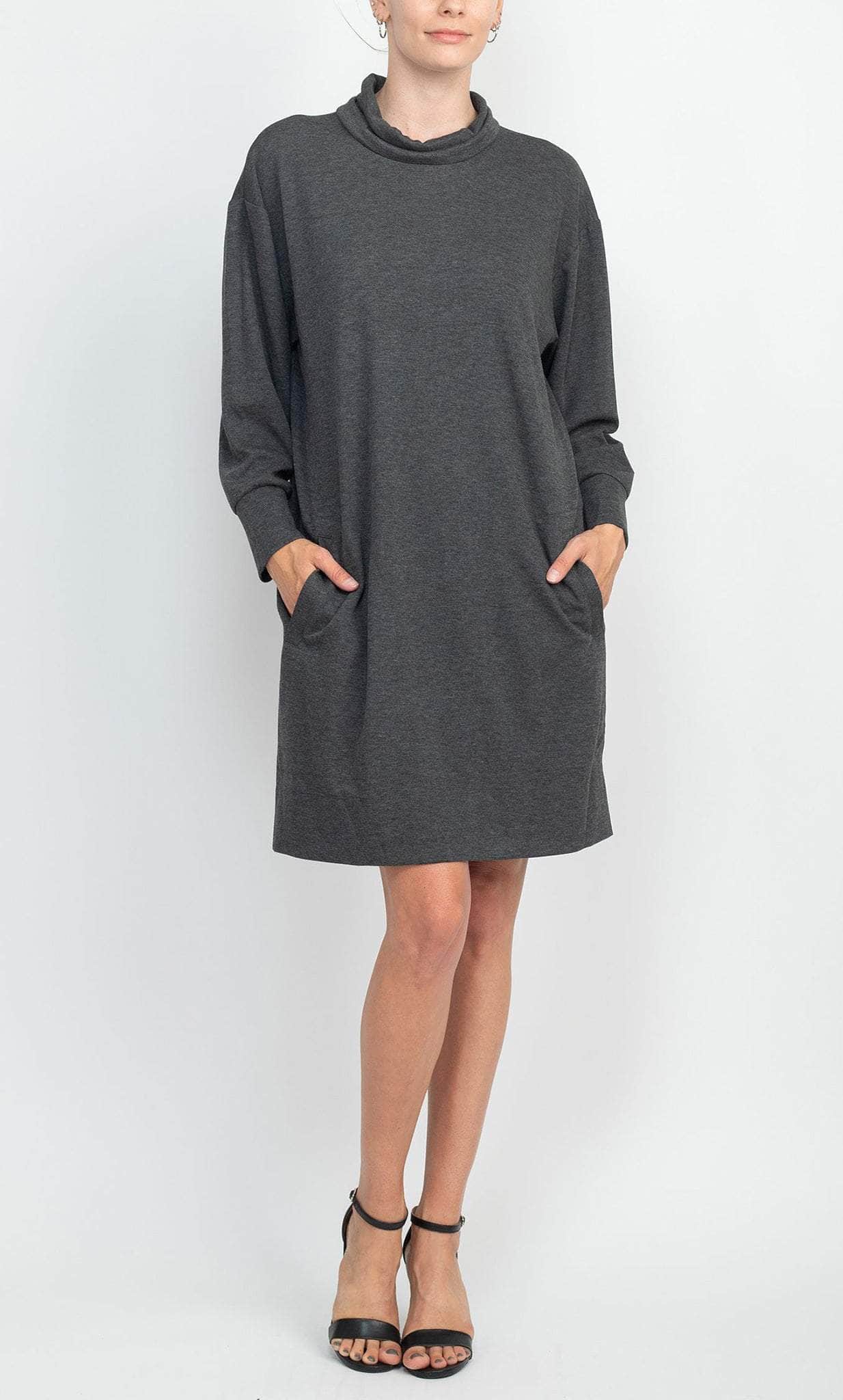 London Times T5923M - Turtleneck Long Sleeve Short Dress Special Occasion Dress L / Charcoal Heather