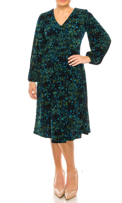 London Times T5953M - Floral Printed Midi Dress Special Occasion Dress XS / Navy Blue