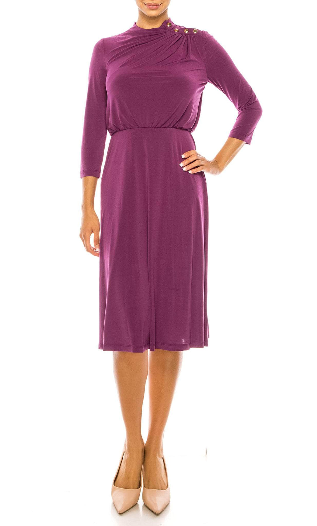 London Times T6003M - Button Detail Ruched Formal Dress Semi Formal 10 / Purple