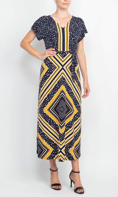 London Times T6036M - Flutter Sleeve V-Neck Tea-Length Dress Special Occasion Dress 4 / Navy Yellow