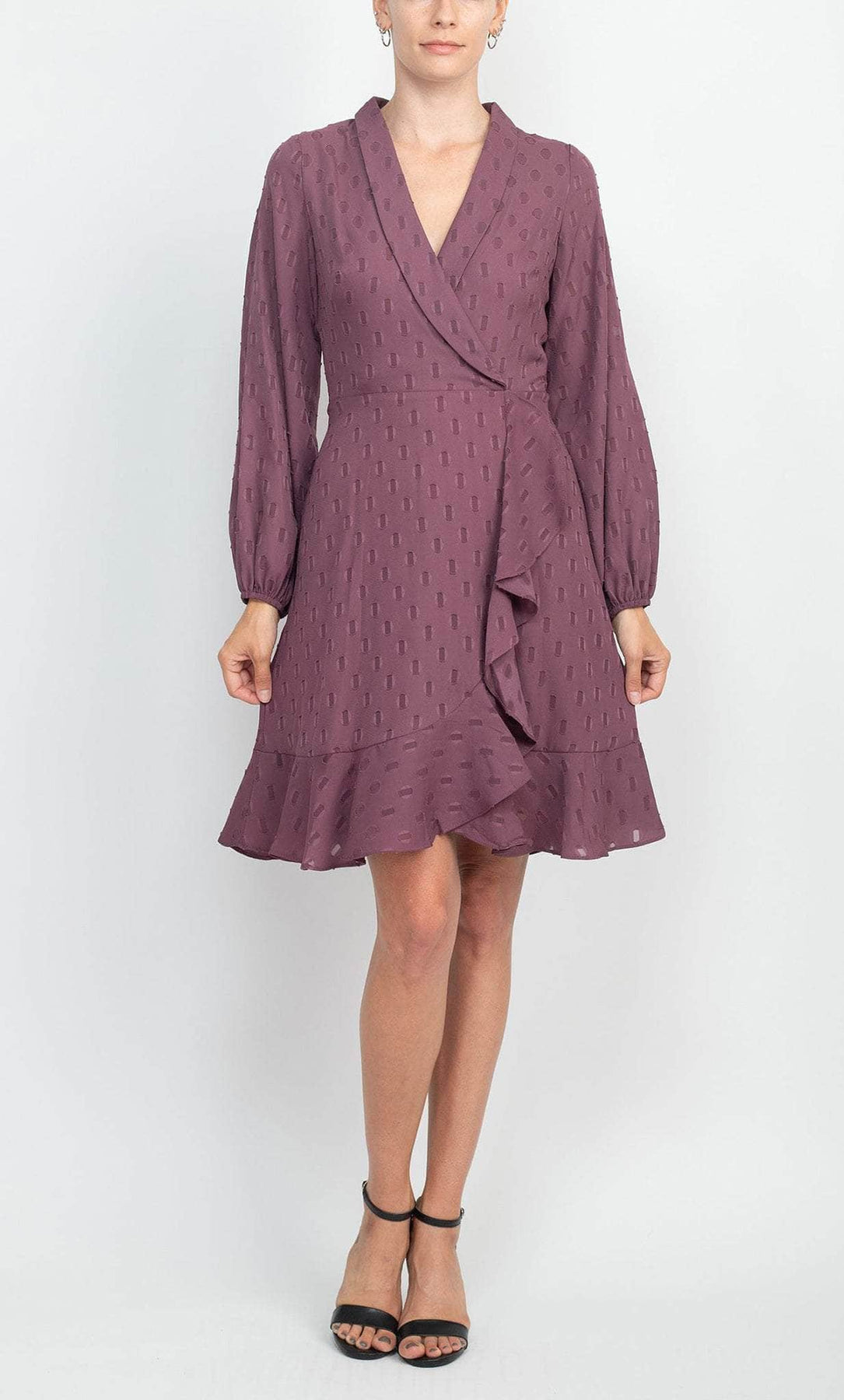 London Times T6075M - Short Woven A-Line Dress - Long Sleeve, Shawl Collar, Ruffled Hem, Cuffs, Back Zipper Closure ADASA London Times T6075M - Short Woven A-Line Dress - Long Sleeve, Shawl Collar, Ruffled Hem, Cuffs, Back Zipper Closure ADASA