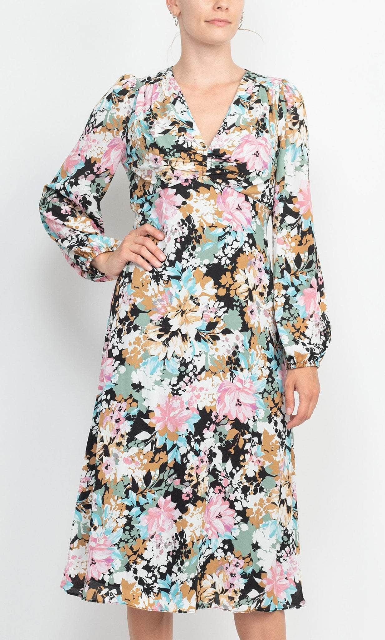 London Times T6080M - Printed Floral Empire Midi Dress Cocktail Dresses