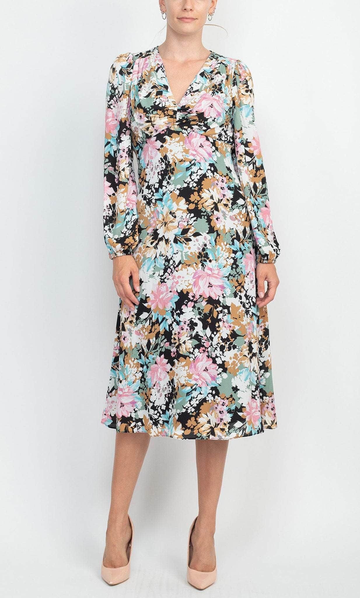 London Times T6080M - Printed Floral Empire Midi Dress Cocktail Dresses 4 / Black Sage