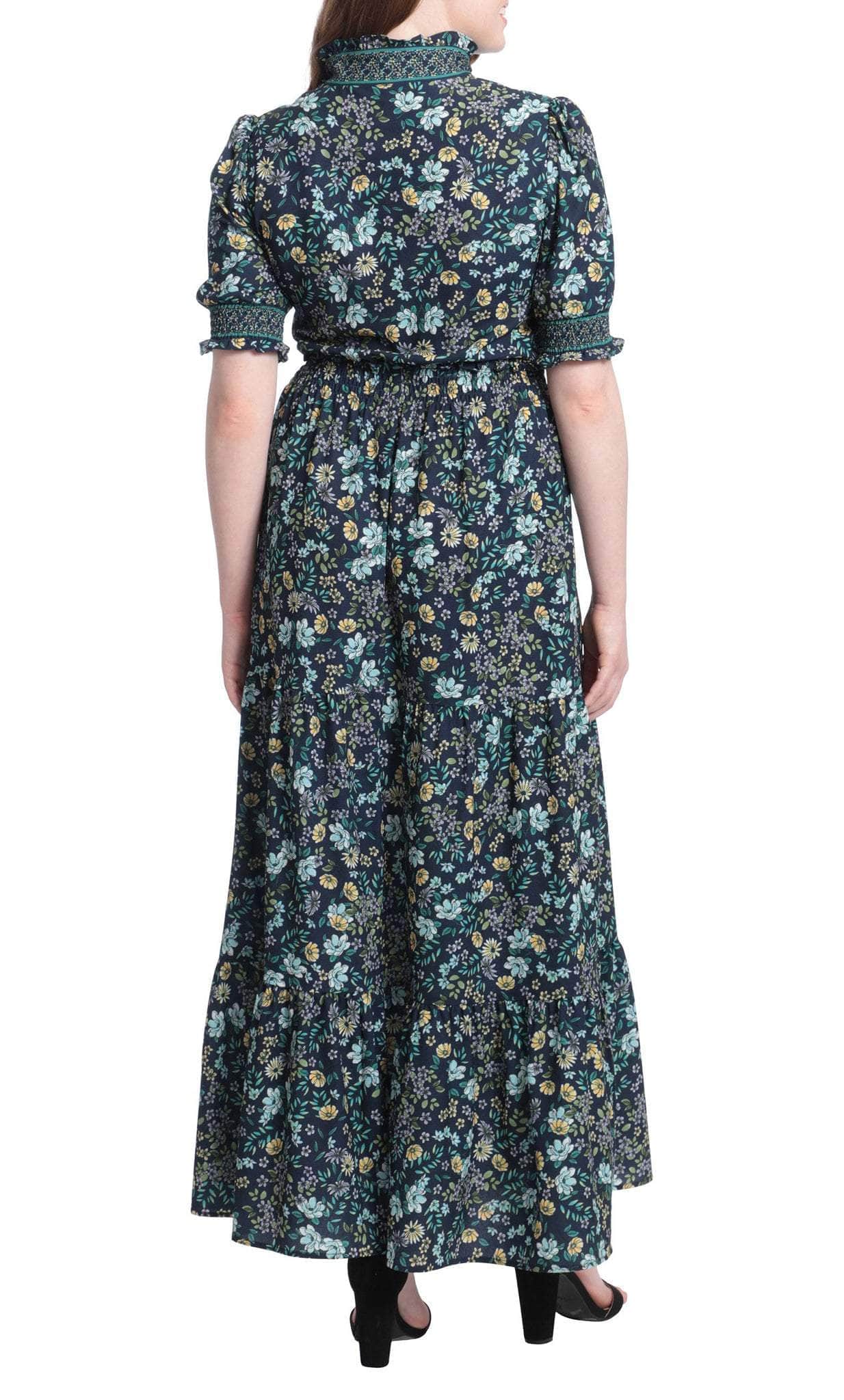 London Times T6141M - Long Crepe A-Line Dress - Puff Half Sleeves, Back Zipper, Banded Sleeves, Floral Print, Embroidered ADASA London Times T6141M - Long Crepe A-Line Dress - Puff Half Sleeves, Back Zipper, Banded Sleeves, Floral Print, Embroidered ADASA