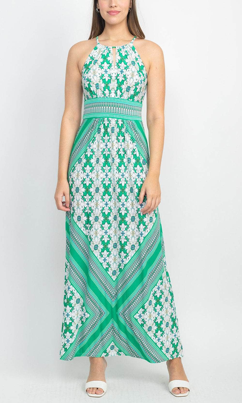 London Times T6148M - Printed Halter Dress Evening Dresses 4 / White Green