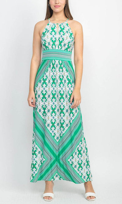 London Times T6148M - Printed Halter Dress Evening Dresses 4 / White Green