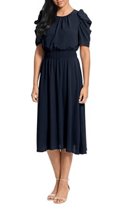London Times T6180M - Puffy Sleeve Midi Flowy Dress Special Occasion Dress 0 / Navy
