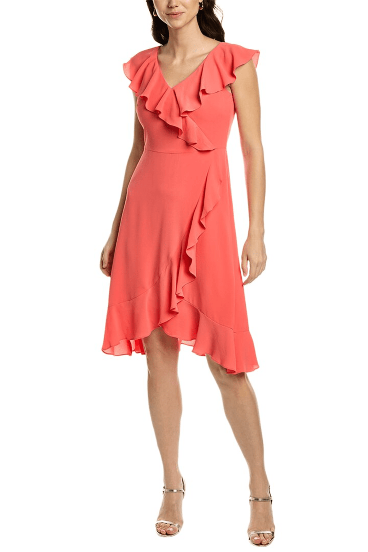 London Times T6183M - Ruffle Detailed V-Neck Dress London Times T6183M - Ruffle Detailed V-Neck Dress