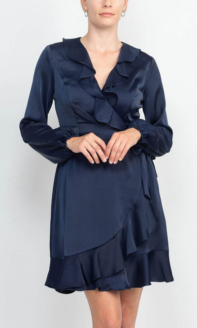 London Times T6191M - Ruffle Collared Charmeuse Dress Cocktail Dresses 8 / Navy