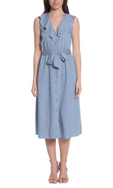 London Times Ruffle Neck Button Front Drape Dress Chambray 12