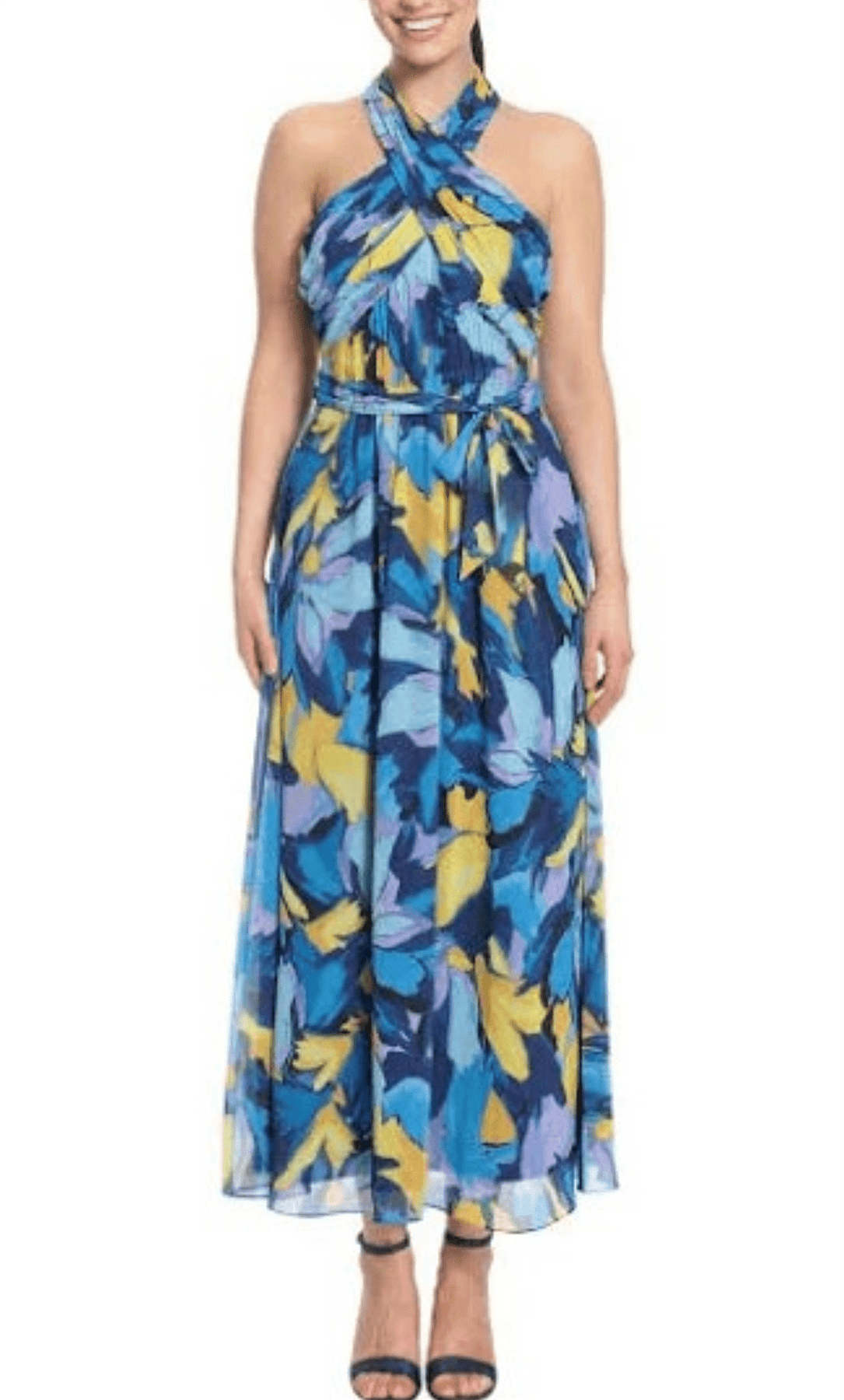 london times chiffon dress London Times Floral Print Surplice V-Neck Short Sleeves Ruffled High-Low Hem Faux-Wrap Silhouette Chiffon Maxi Dress