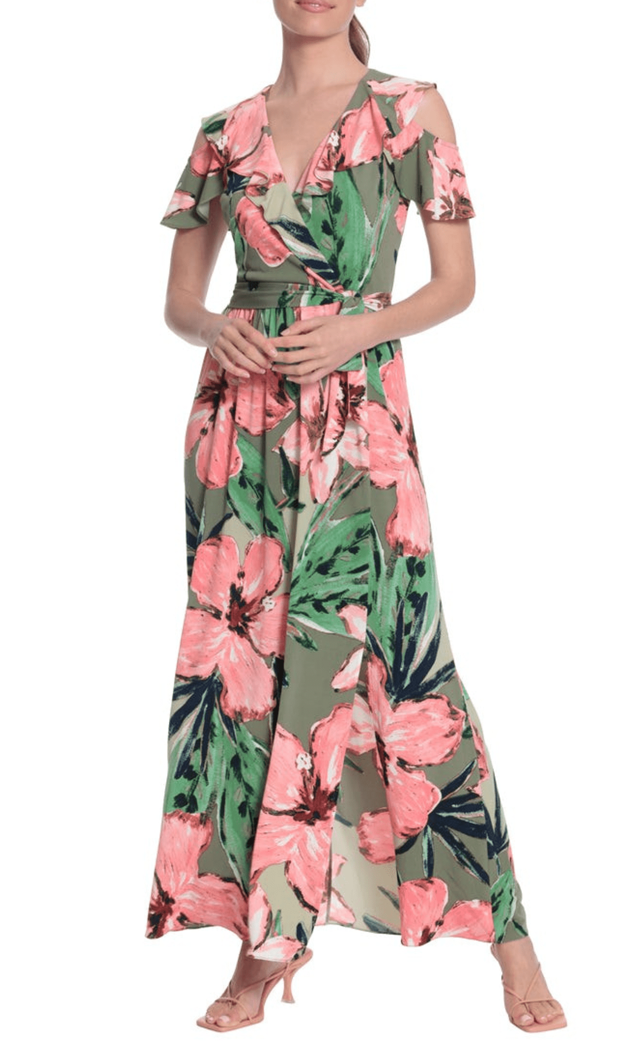 London Times T6230M - Cold Shoulder Floral Maxi Dress Special Occasion Dress 0 / Green Coral