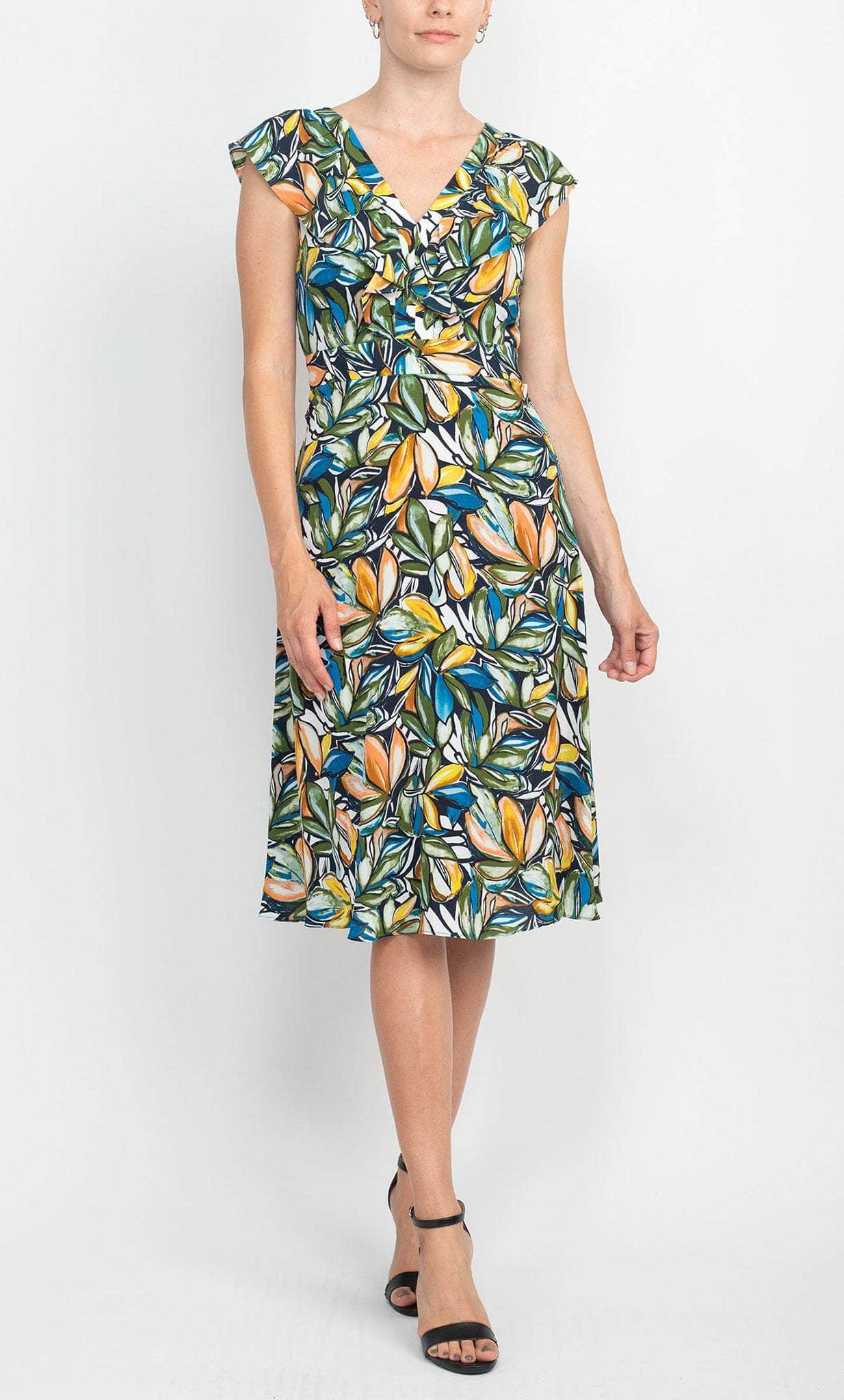 London Times T6233M - Ruffle Sleeve Printed Long Dress Holiday Dresses 4 / Blue