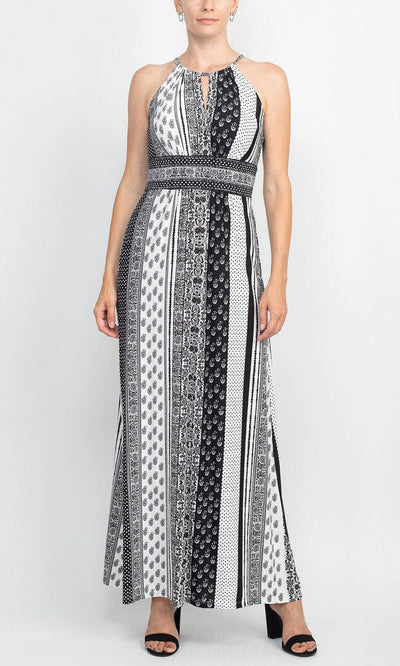 London Times T6345M - Keyhole Front Print Maxi Dress Evening Dresses 4 / White Grey