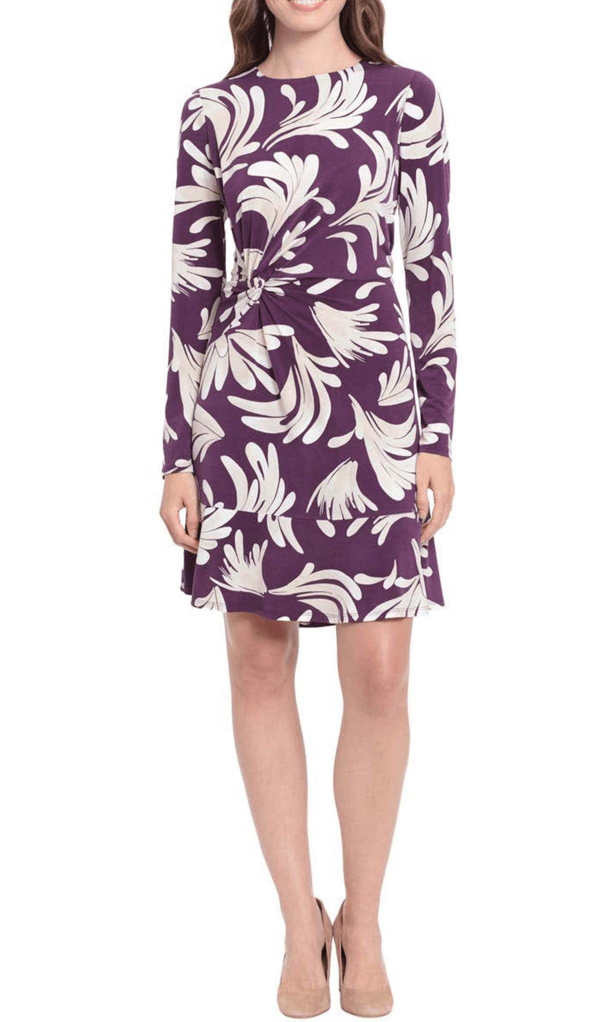 London Times T6372M - Long Sleeve Printed Dress Special Occasion Dress 0 / Purple Beige
