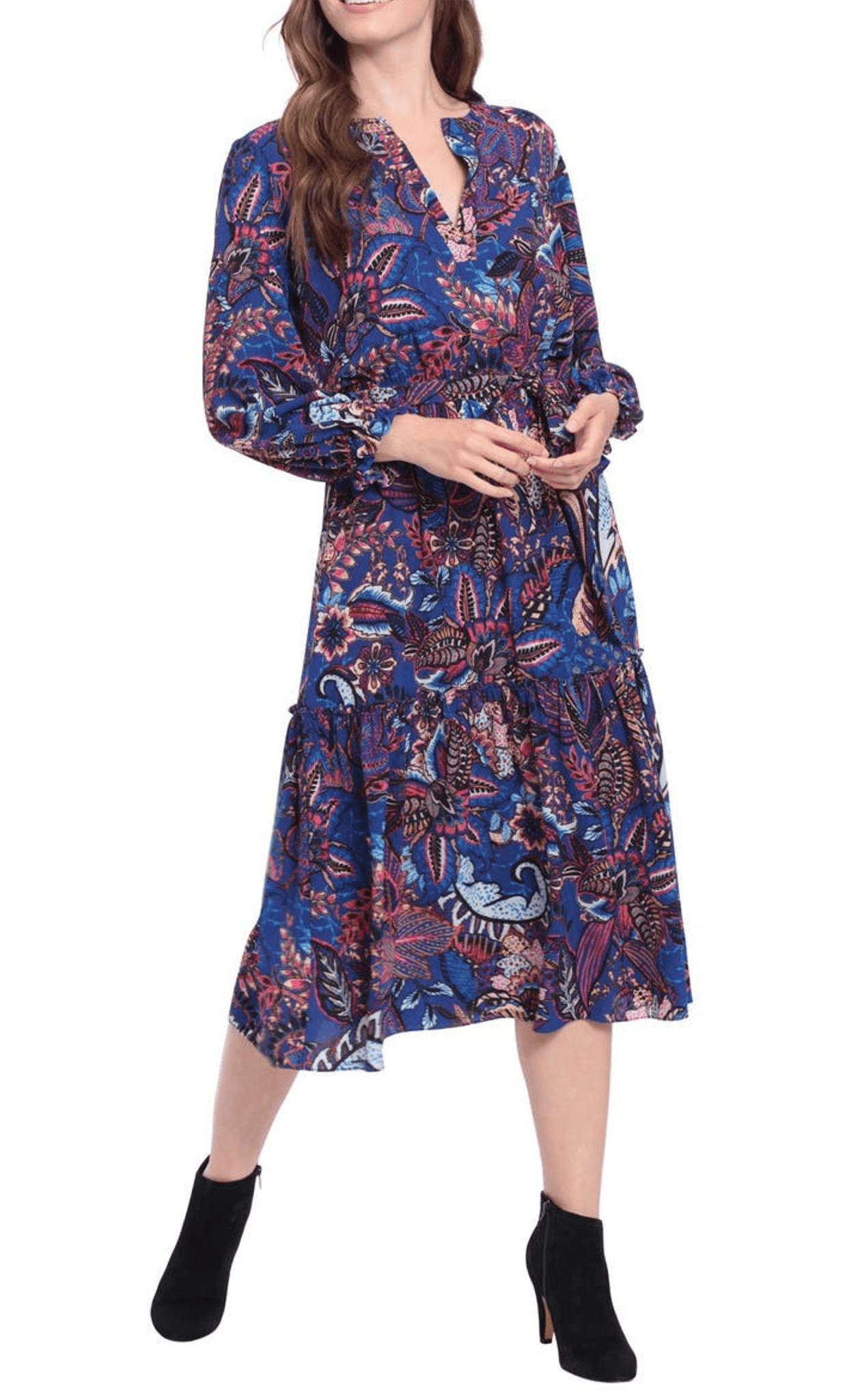 London Times T6378M - Printed Flowy Midi Dress Special Occasion Dress 0 / Royal Red