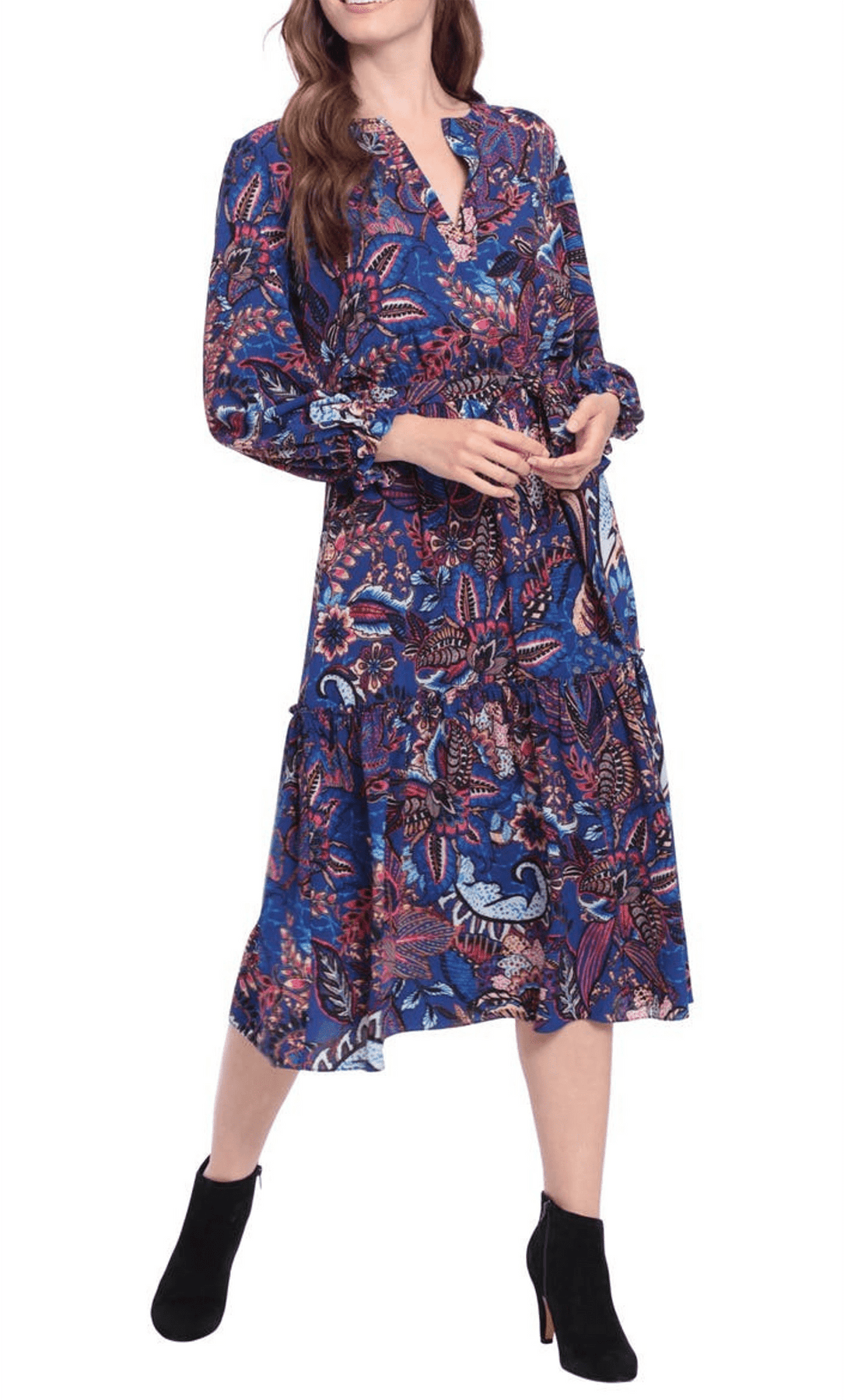 London Times T6378M - Tea-Length Bubble Crepe A-Line Dress - Printed, Bishop Sleeves, Notch Neckline, Midi Dress, Flowy, Cinched Waist ADASA London Times T6378M - Tea-Length Bubble Crepe A-Line Dress - Printed, Bishop Sleeves, Notch Neckline, Midi Dress, Flowy, Cinched Waist ADASA