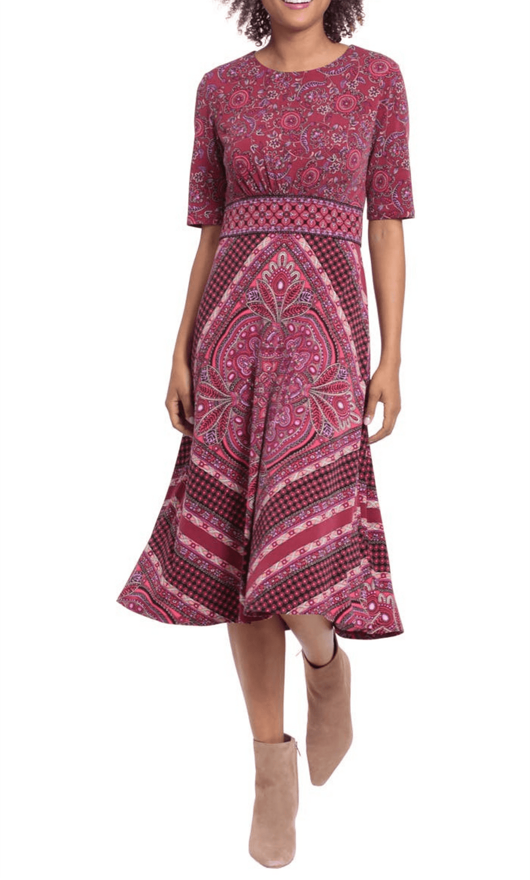London Times T6536M - Long Jersey A-Line Dress - Half Sleeves, Wide Embroidered Waist, Floral, Enclosed Back ADASA London Times T6536M - Long Jersey A-Line Dress - Half Sleeves, Wide Embroidered Waist, Floral, Enclosed Back ADASA