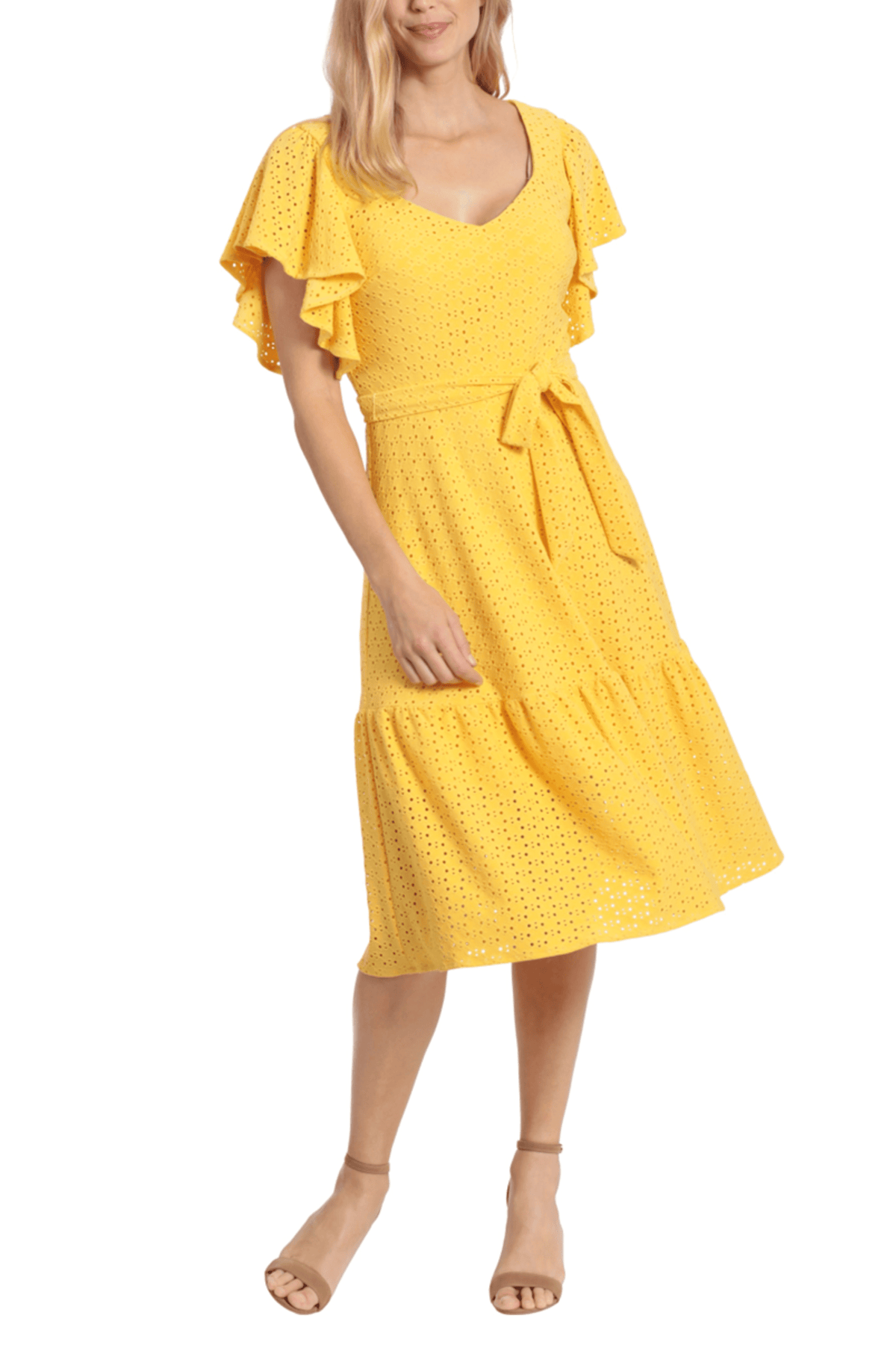 London Times T6672M - Knee-Length Eyelet Jersey A-Line Dress - Short Flutter Sleeves, Sash Belt, Back Zipper Closure, Full Back ADASA London Times T6672M - Knee-Length Eyelet Jersey A-Line Dress - Short Flutter Sleeves, Sash Belt, Back Zipper Closure, Full Back ADASA