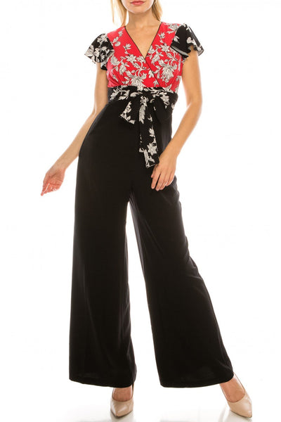 Gabby Skye - 57442MG Floral Printed V-neck Jumpsuit In Red and Black