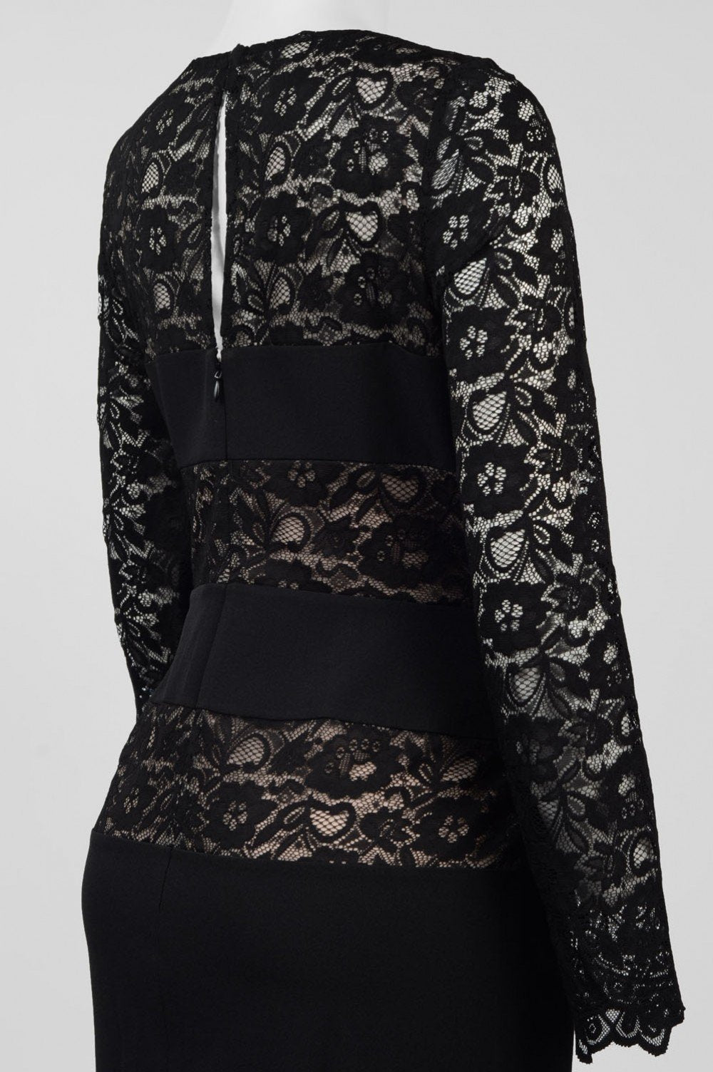 London Times - L1431M Knee Length Long Sleeve Colorblock Lace Dress In Black and Neutral