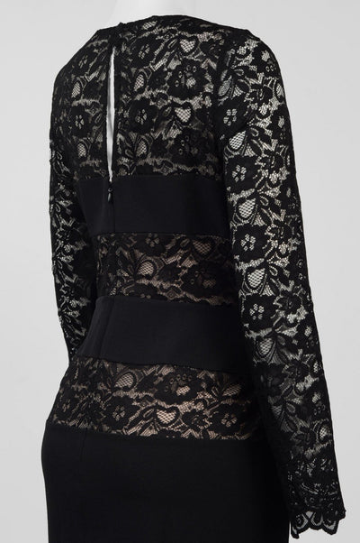 London Times - L1431M Knee Length Long Sleeve Colorblock Lace Dress In Black and Neutral
