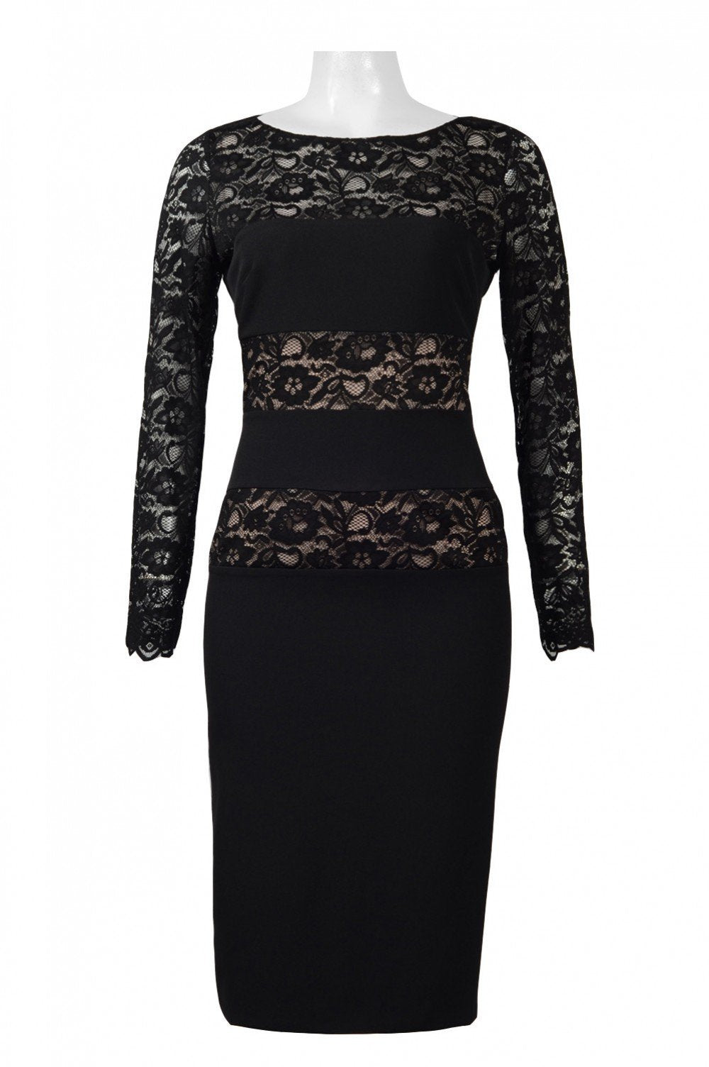 London Times - L1431M Knee Length Long Sleeve Colorblock Lace Dress In Black and Neutral