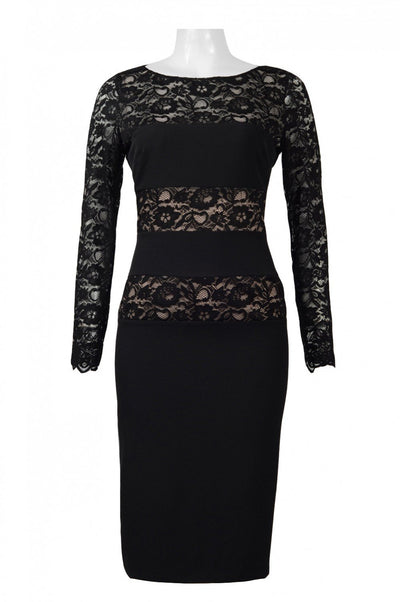 London Times - L1431M Knee Length Long Sleeve Colorblock Lace Dress In Black and Neutral