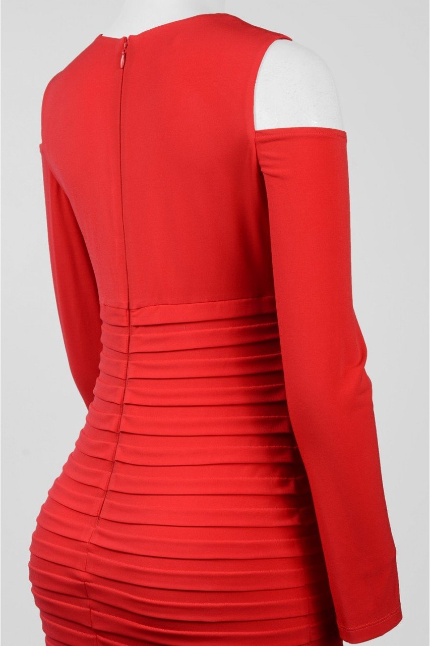 London Times - L2081M Pleated V-neck Column Dress in Red
