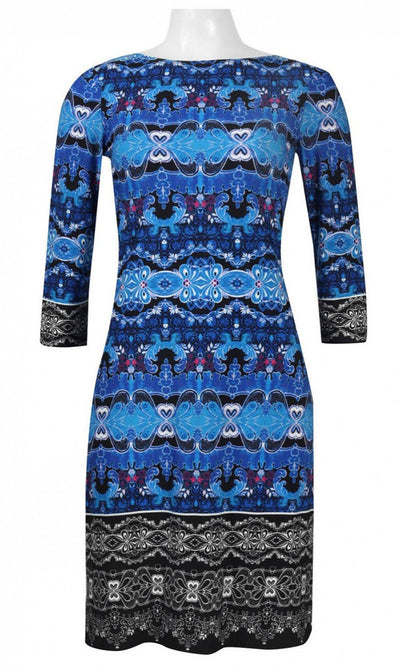 London Times - T2384M Quarter Sleeve Multi Print Jersey Dress In Blue and Multi-Color