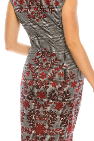 London Times - T3556M Floral Filigree Plaid Printed Short Sheath Dress In Black and Red