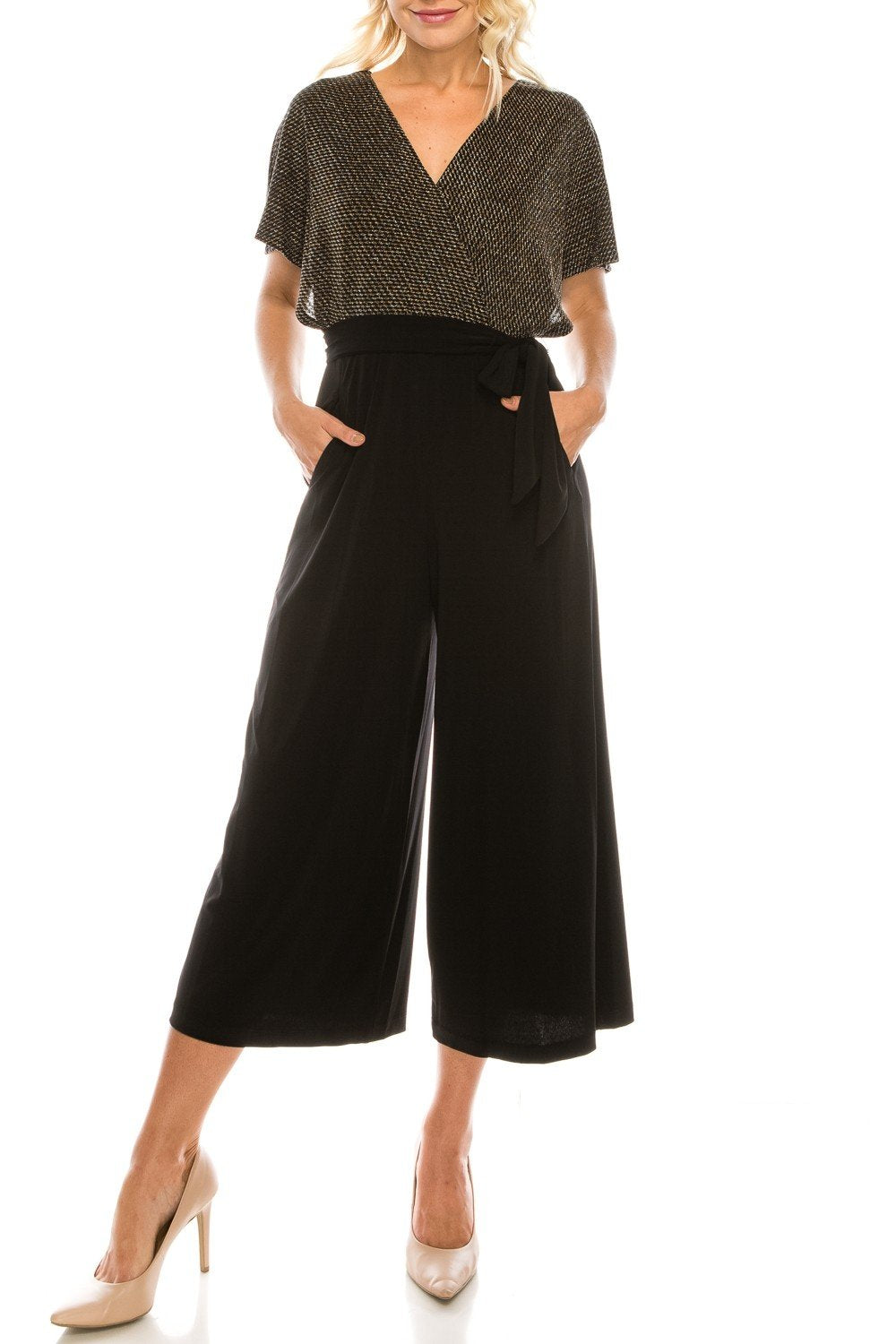 London Times - T3834M Two Toned V-Neck Jumpsuit In Gold and Black