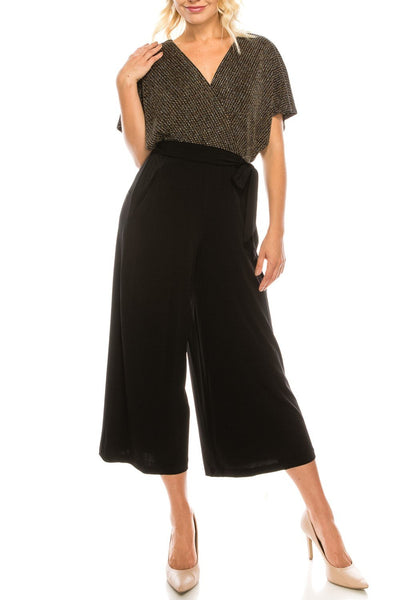 London Times - T3834M Two Toned V-Neck Jumpsuit In Gold and Black