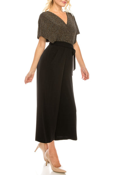 London Times - T3834M Two Toned V-Neck Jumpsuit In Gold and Black
