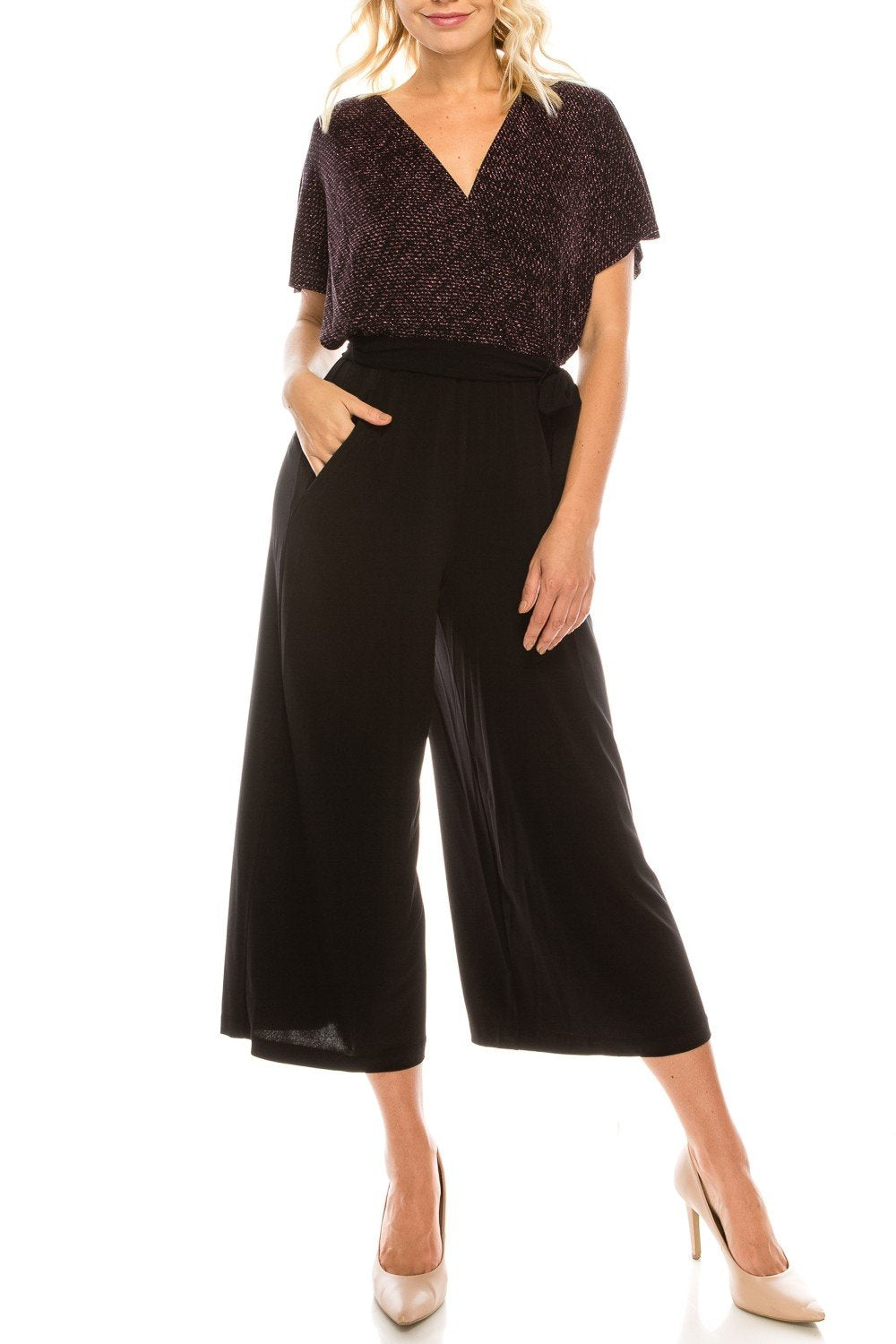 London Times - T3834M Two Toned V-Neck Jumpsuit In Pink and Black