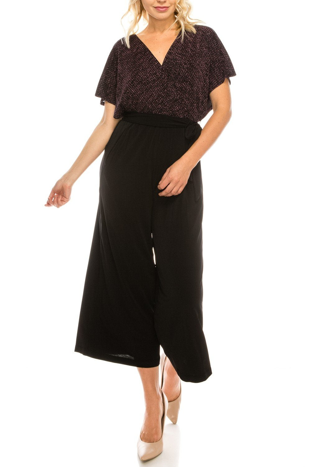 London Times - T3834M Two Toned V-Neck Jumpsuit In Pink and Black