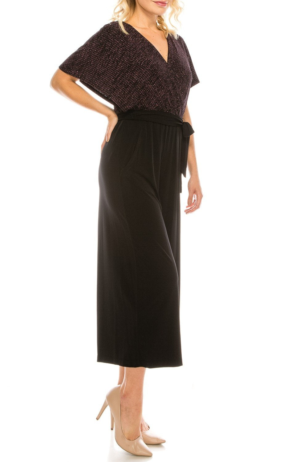 London Times - T3834M Two Toned V-Neck Jumpsuit In Pink and Black