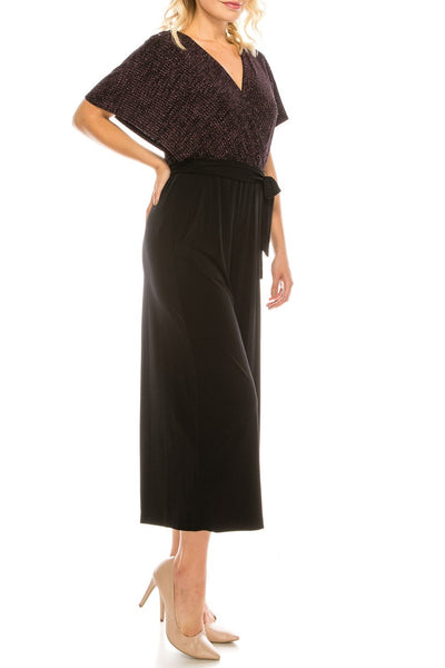 London Times - T3834M Two Toned V-Neck Jumpsuit In Pink and Black