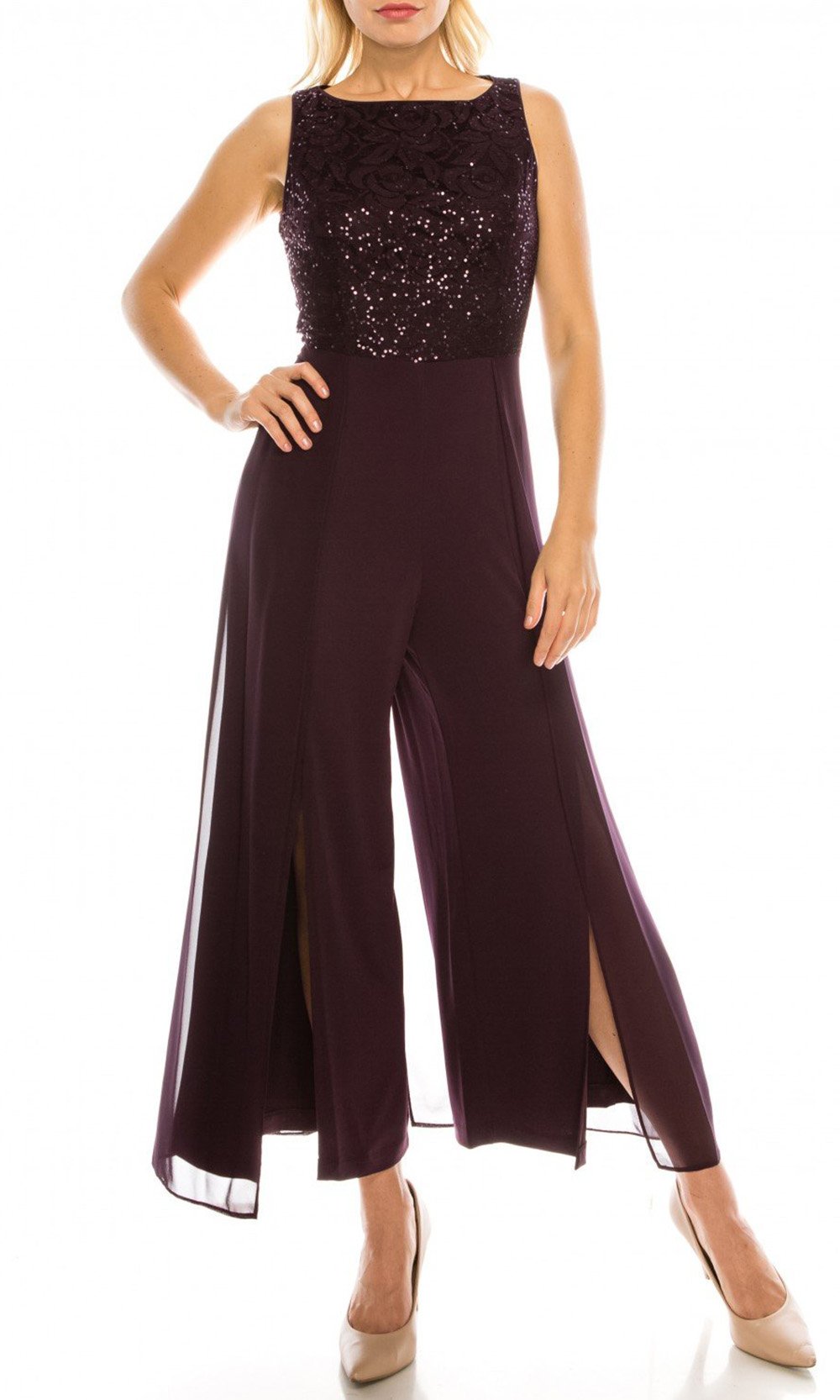 London Times - T3848M Sequin Lace Top Split Leg Jumpsuit In Purple