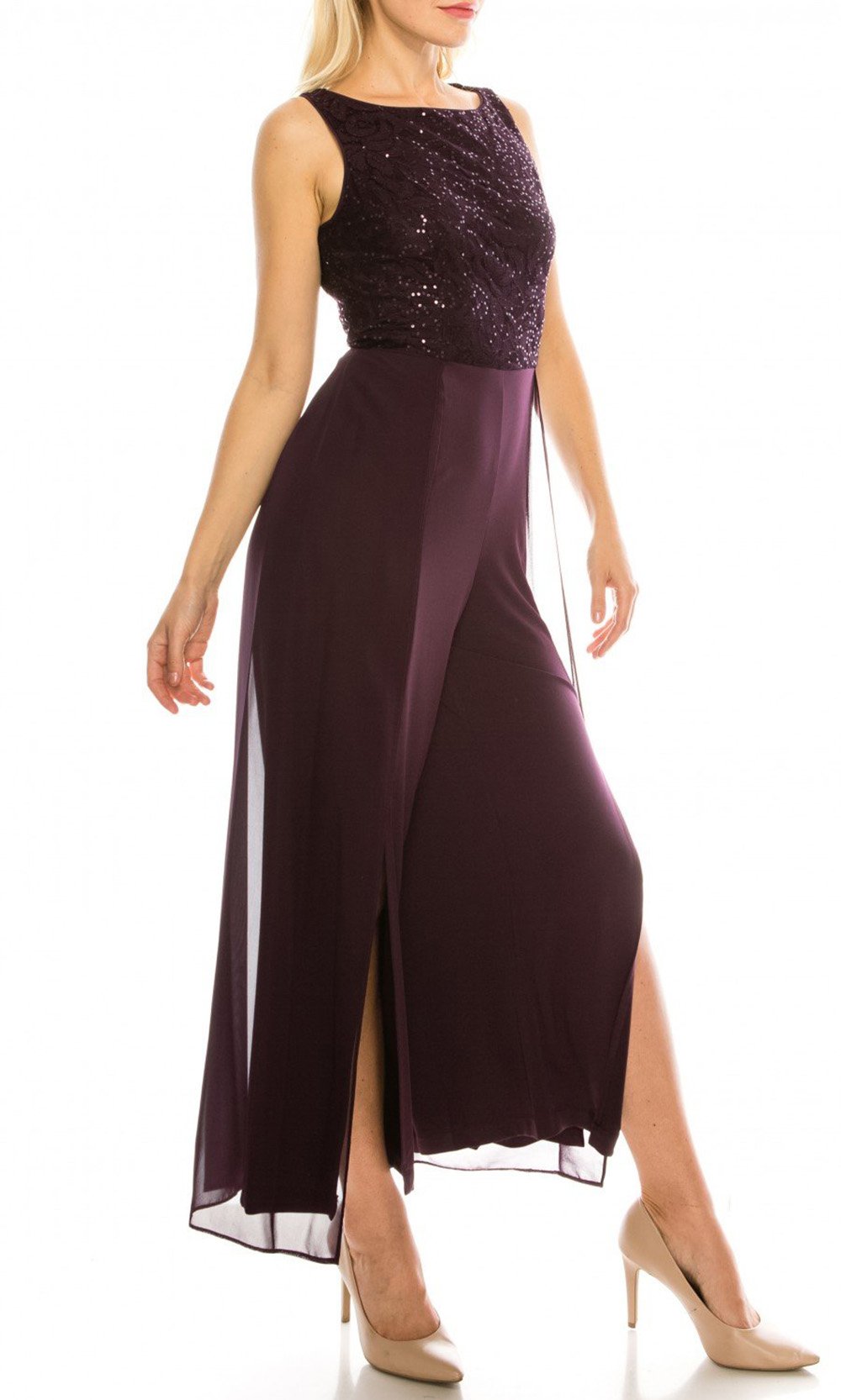 London Times - T3848M Sequin Lace Top Split Leg Jumpsuit In Purple