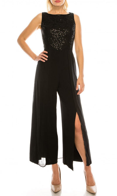 London Times - T3848M Sequin Lace Top Split Leg Jumpsuit In Black