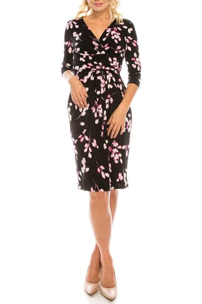 London Times - T3866M Floral Printed V-Neck Cocktail Dress In Black and Purple