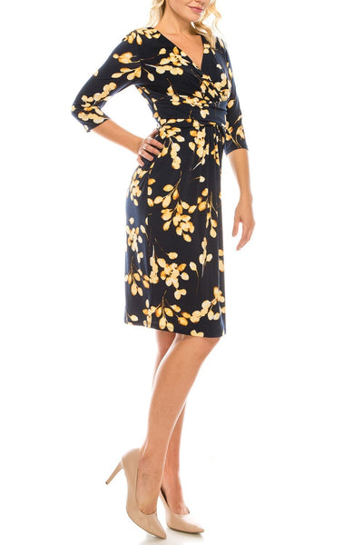 London Times - T3866M Floral Printed V-Neck Cocktail Dress In Blue and Gold